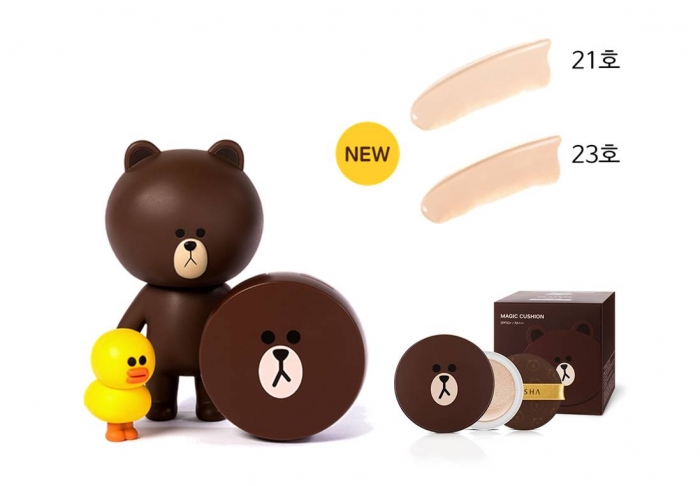 Giá rẻ, che khuyết điểm tốt, phấn nước Missha có thực sự an toàn? 6 Missha Line Friends Magic Cushion gấu nâu mặt đơ và chú vịt vàng vui nhộn